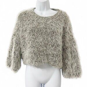 Women’s Sweater fuzzy metallic wide flare sleeve cropped silver gray sparkle